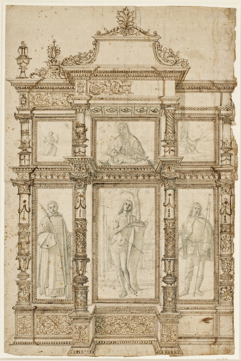 Estudo para um retábulo com seis quadros em uma estrutura ornamentada de molduras. Acima: A estigmatização de São Francisco, Madona e Menino, São Jerônimo no deserto; em baixo: São Lourenço, Sebastião e Rocha de Vittore Carpaccio