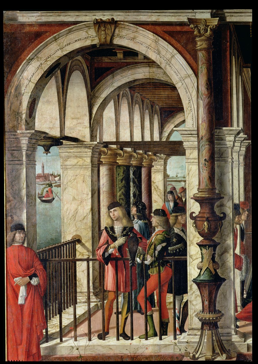 A chegada dos embaixadores ingleses, detalhe, do ciclo de Santa Úrsula, 1498 óleo sobre tela detalhe de 119435 de Vittore Carpaccio