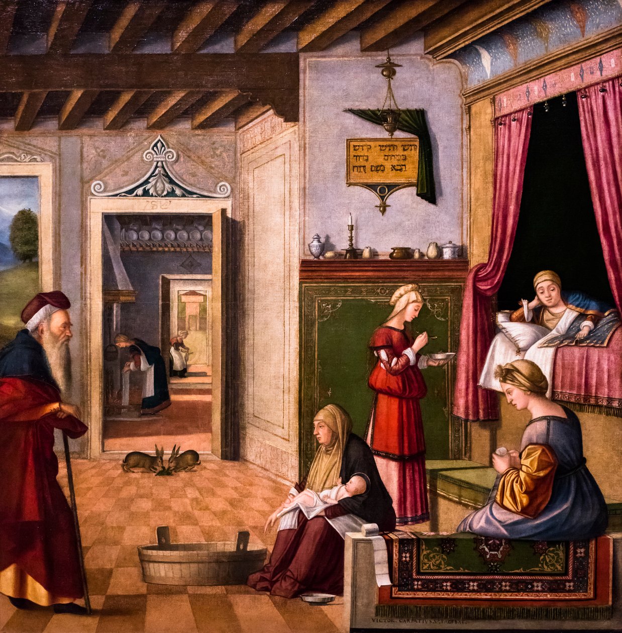 O Nascimento da Virgem, ciclo da Scuola degli Albanesi, cerca de 1502/03 (óleo sobre madeira) de Vittore Carpaccio