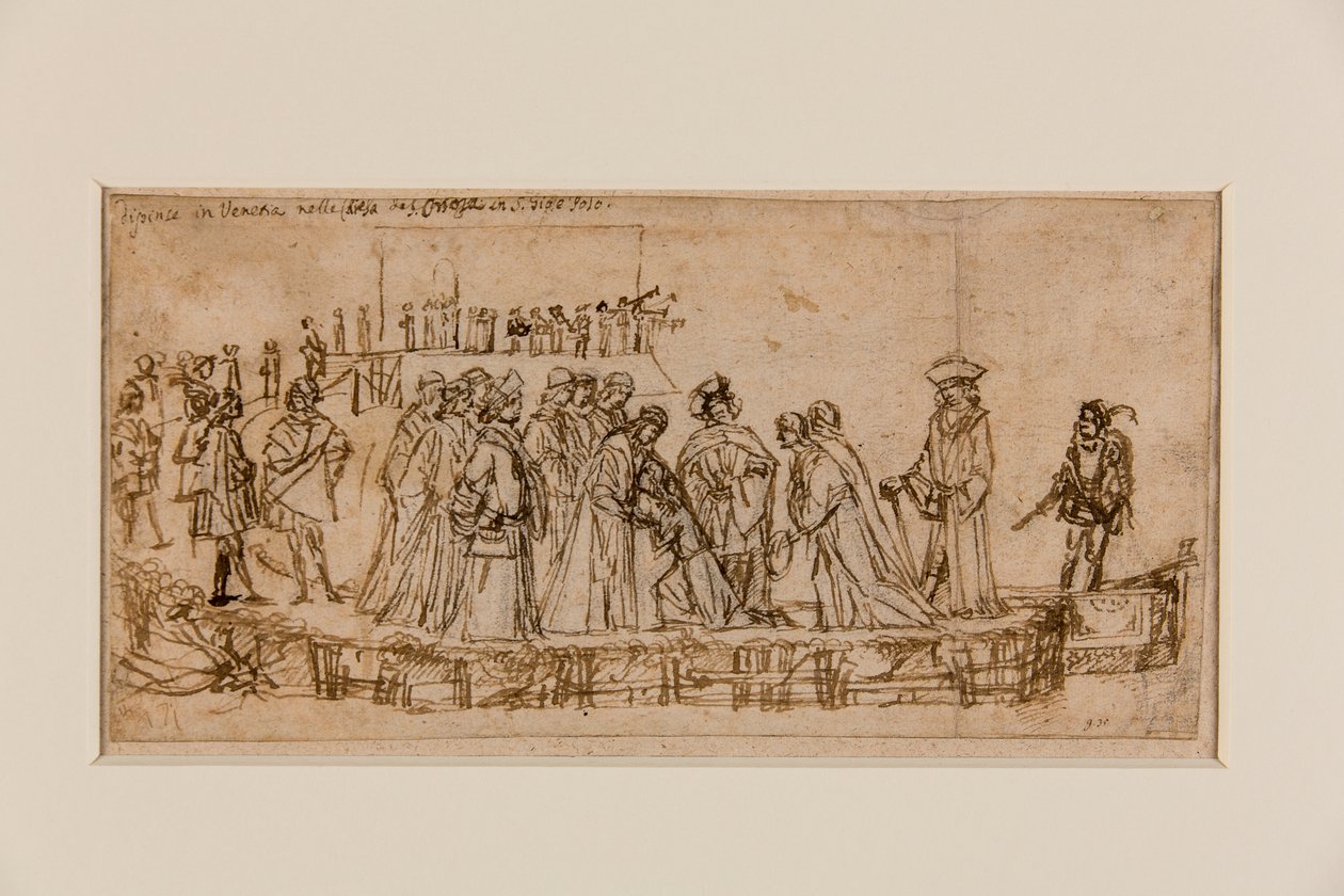O príncipe inglês Conan despedindo-se do seu pai (caneta e tinta sobre giz sobre papel) (recto de 5933931) de Vittore Carpaccio