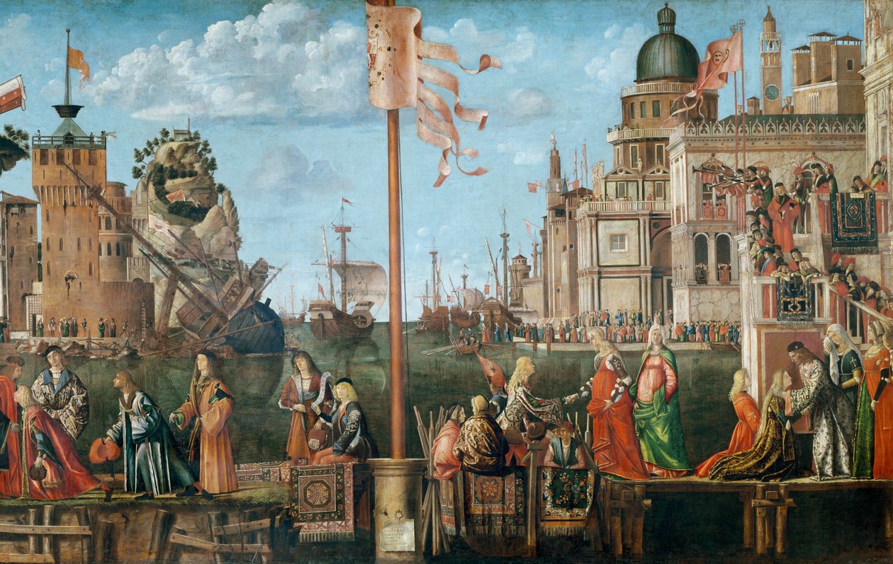 O Encontro de Etherius e Ursula e a partida dos peregrinos, do ciclo de Santa Úrsula, originalmente na Scuola di SantOrsola, Veneza, 1498 (detalhe de 56472) de Vittore Carpaccio