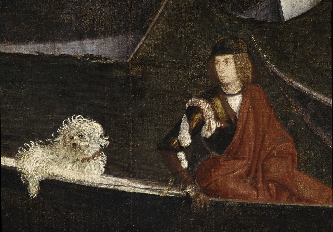 O Milagre da Relíquia da Santa Cruz na Ponte de Rialto". Pormenor. Pintura de Vittore Scarpazza, conhecido como Vittore Carpaccio (1460-1525) de Vittore Carpaccio