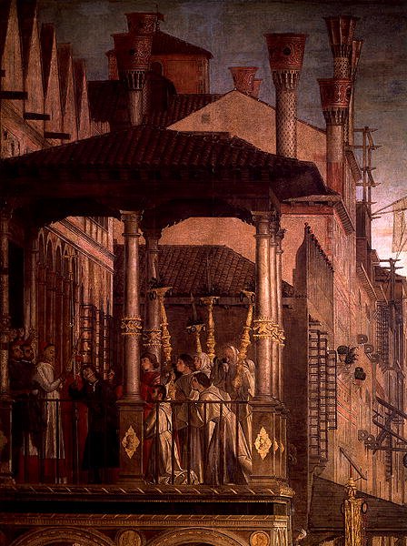 O Milagre da Relíquia da Verdadeira Cruz na Ponte Rialto (óleo sobre tela) (detalhe de 119437) de Vittore Carpaccio