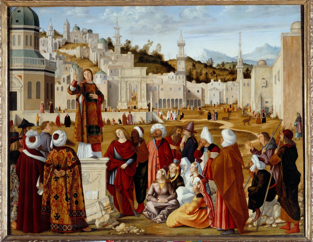 A Predição de Santo Estêvão em Jerusalém Pintura parte de uma série executada para a capela da Scuola si Santo Stefano em Veneza. Pintura de Vittore Carpaccio (1450/54-1525/26) Sol. 1,4x1,9 m - O Sermão de Santo Estêvão (St. Etienne) em Jerusalém. É de Vittore Carpaccio