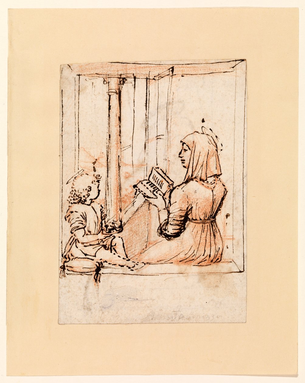 Virgem Maria lendo para o Menino Cristo (recto), final dos anos 1480 - início dos anos 1490 (caneta e tinta marrom escura sobre giz vermelho, sobre papel deitado) de Vittore Carpaccio