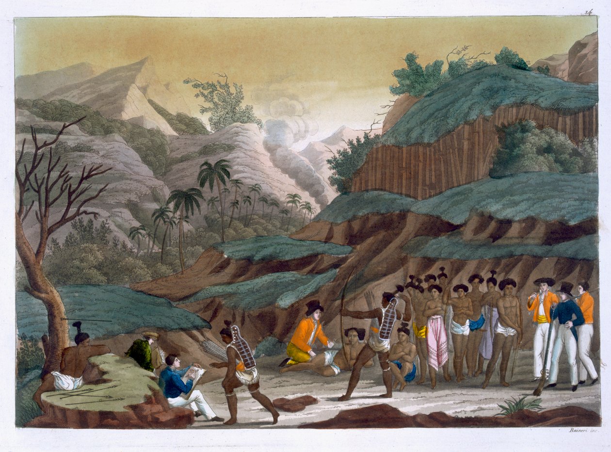 Primeiro Encontro de Exploradores Franceses com os Povos Indígenas, Ilha de Ombay, placa 14 de &39;Le Costume Ancien et Moderne&39; de Jules Ferrario, publicado em 1820s-30s de Vittorio Raineri