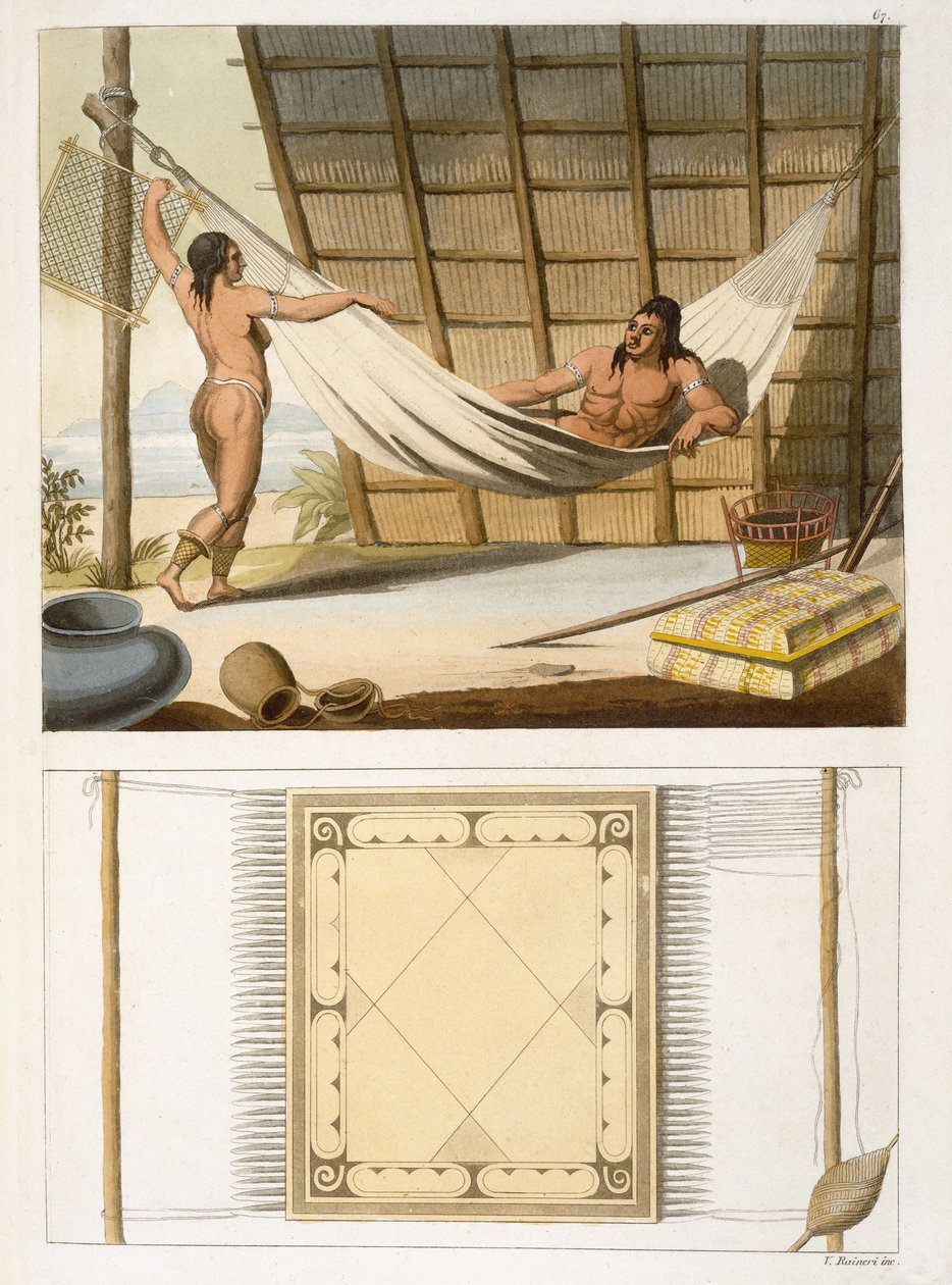 Cena interior, retratando, indians, (color, engraving) de Vittorio Raineri