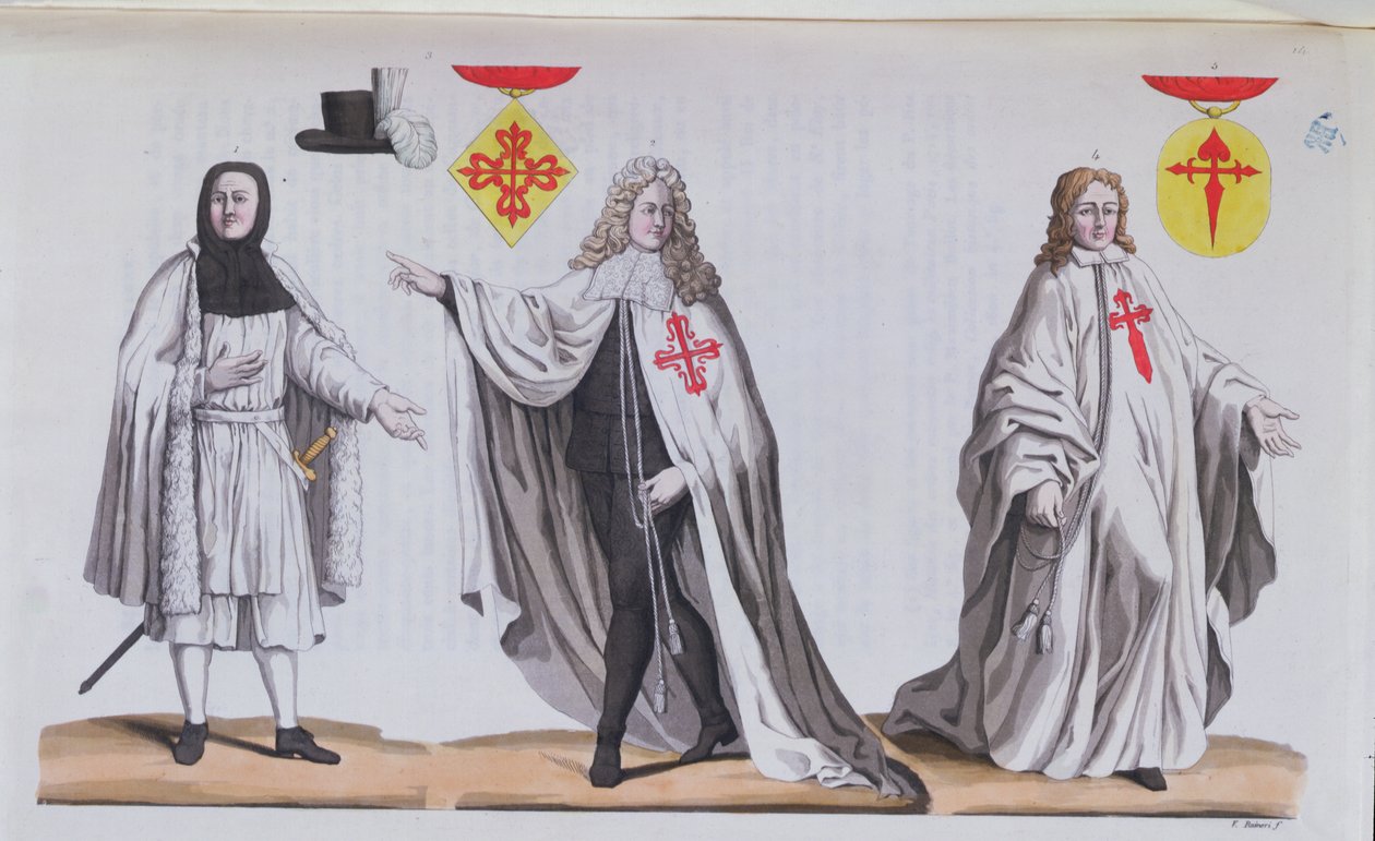 Cavaleiros de Calatrava em Traje de Guerra, Traje Cerimonial e Cavaleiro da Ordem de São Tiago, ilustração de &39;Costume Antico e Moderno&39; de Guilio Ferrario, c.1820 de Vittorio Raineri