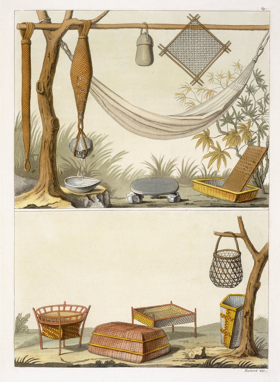 Objetos pertencentes a índios (gravura colorida) de Vittorio Raineri