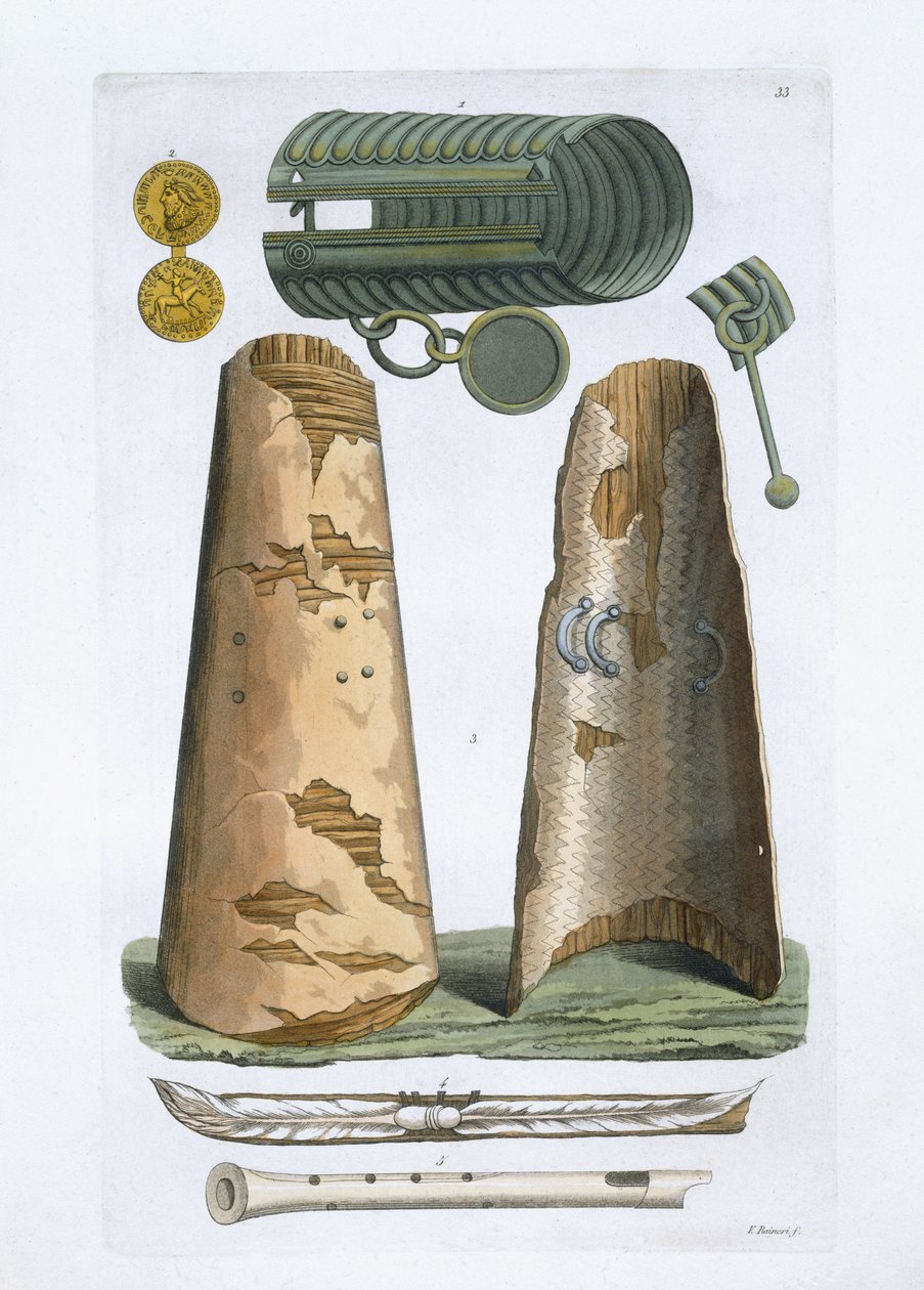 Artefatos vikings do museu de Elsevir, na Dinamarca, de &39;Le Costume Ancien et Moderne&39;, de Jules Ferrario, publicado em 1820s-30s de Vittorio Raineri