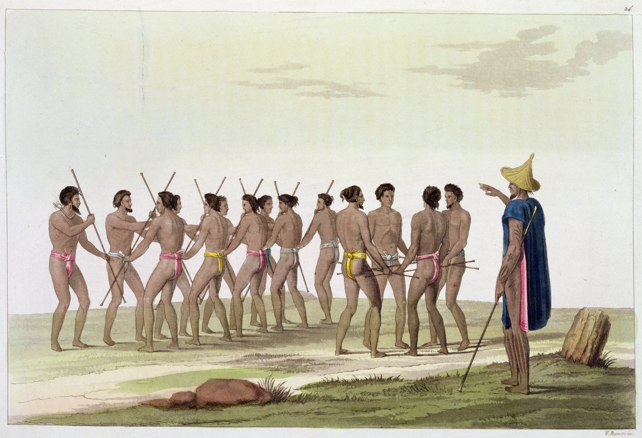 Dança de Guerra dos Ilhéus Caroline, prato 22 de &39;Le Costume Ancien et Moderne&39; de Jules Ferrario, publicado c.1820s-30s de Vittorio Raineri