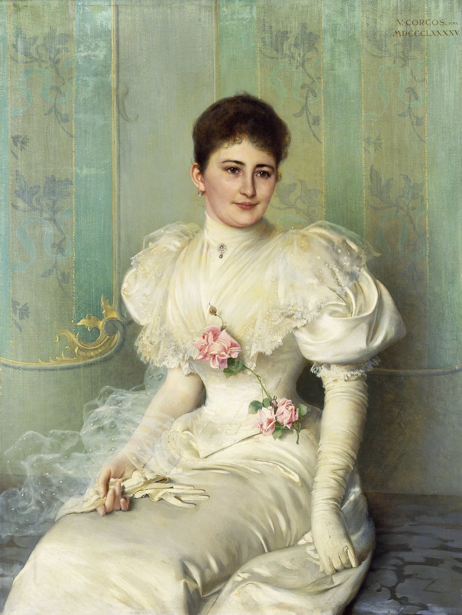 Retrato de uma senhora, sentada a três quartos de comprimento, usando um vestido branco de Vittorio Matteo Corcos