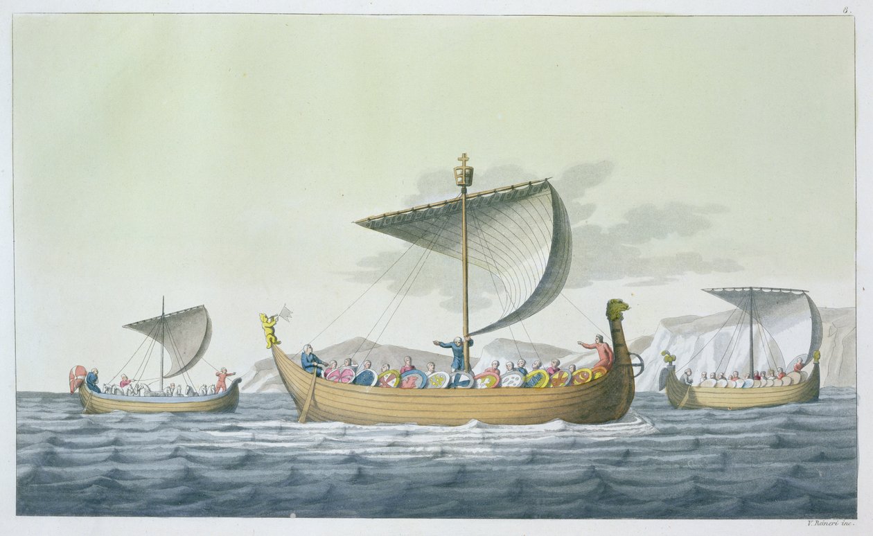 Frota de Guilherme, o Conquistador, 1066, prato 8 de &39;Le Costume Ancien et Moderne&39;, de Jules Ferrario, publicado c.1820s-30s de Vittorio Raineri