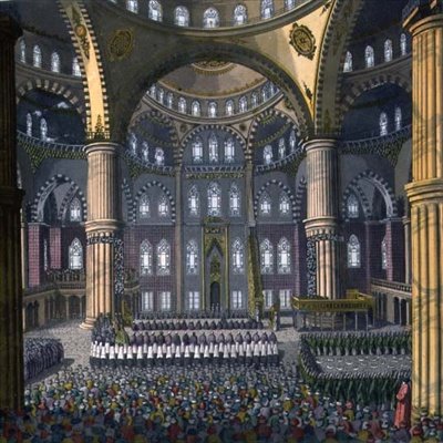 A Celebração do Festival de Mewlod na Mesquita do Sultão Ahmed, placa 41 da Parte III, Volume I de "A História das Nações", gravada pelo artista (aquatint) de Vittorio Raineri