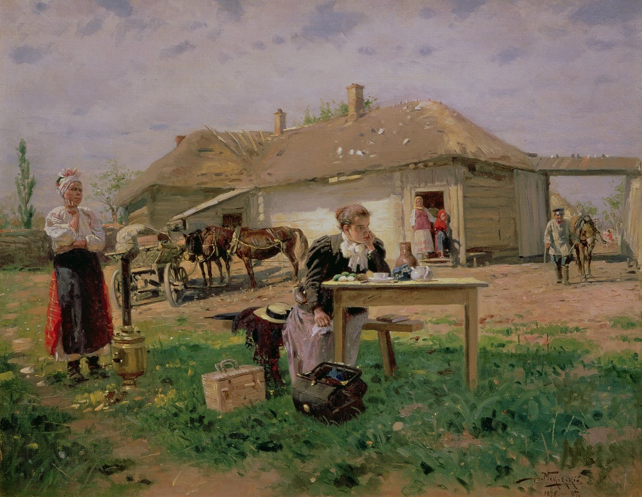 Chegada de uma amante da escola no campo, 1897 de Vladimir Egorovic Makovsky