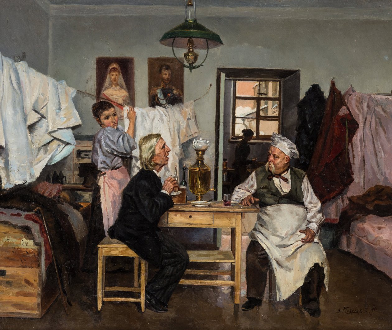 No samovar, de Makovsky, Vladimir Yegorovich (1846-1920). Óleo sobre tela de Vladimir Egorovic Makovsky
