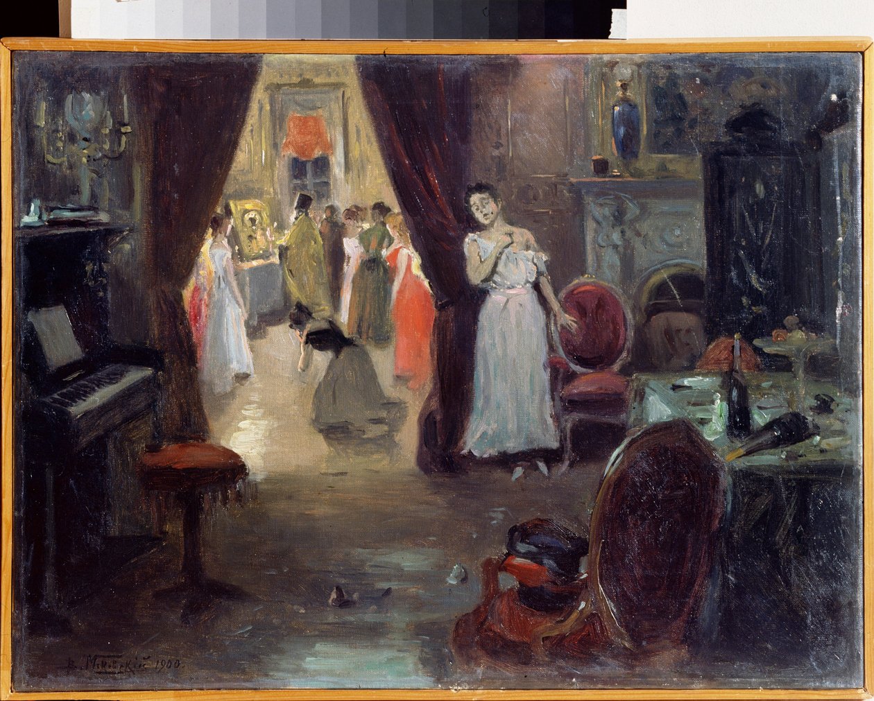 A bênção de um bordel. (A Consagração de um Irmão). Em um bordel, prostitutas se reúnem, algumas choram ou lamentam, atrás de um padre ortodoxo que reza diante de um ícone e velas. Em primeiro plano, um piano e um de Vladimir Egorovic Makovsky