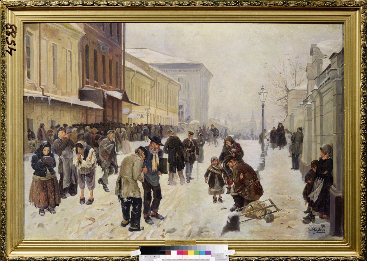 O Asilo Noturno (Dosshouse). Cena de rua, uma multidão de pessoas carentes e sem-teto estão reunidas em frente ao prédio da recepção, sofrendo com o frio e a pobreza. Pintura de Vladimir Yegorovich Makovsky (Makovsky, Makovskij) (1846-1920), óleo sobre tel de Vladimir Egorovic Makovsky