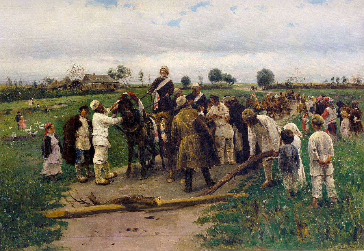 A pagar um resgate pela noiva. Pintura de Vladimir Makovsky - Pagando um resgate pela noiva - Vladimir Yegorovich Makovsky (1846-1920). Óleo sobre tela de Vladimir Egorovic Makovsky