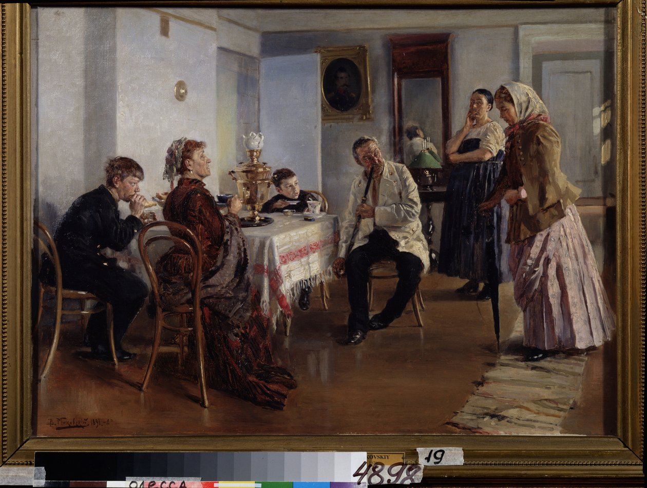 Contratar uma empregada doméstica (um emprego de empregada doméstica). Uma jovem candidata-se a um lugar, sujeita a perguntas da dona da casa, sob o olhar do marido e dos filhos, sentados à hora do chá. A jovem também é observada por uma funcionária de Vladimir Egorovic Makovsky