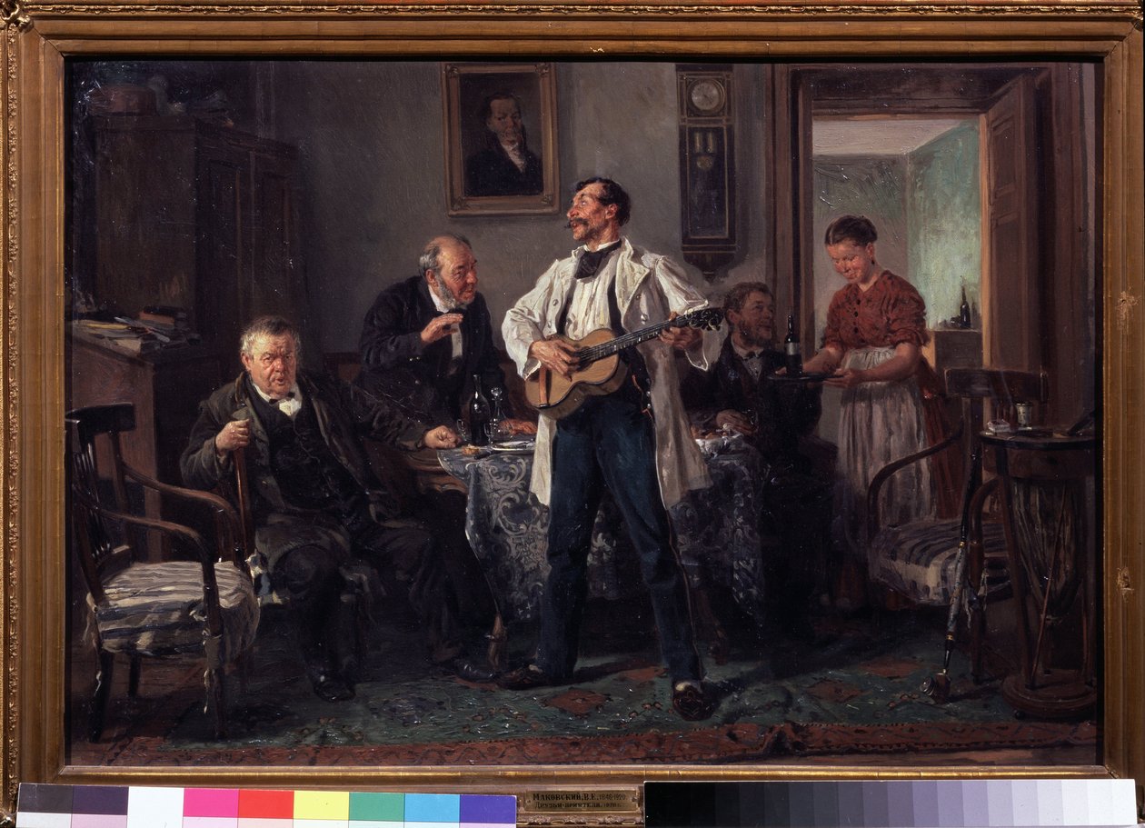 Parceiro. Reunidos à volta de uma mesa numa sala de estar, ouvem um guitarrista que canta enquanto uma mulher lhes traz uma nova garrafa de vinho. Pintura de Vladimir Yegorovich Makovsky (Makovsky, Makovskij) (1846-1920), óleo sobre t de Vladimir Egorovic Makovsky
