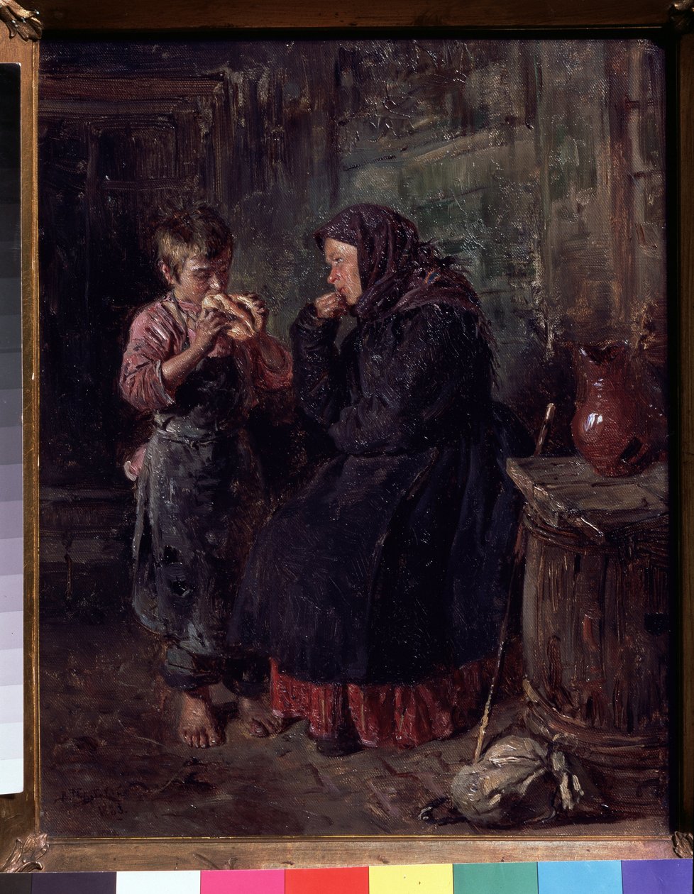 A Reunião. Uma mãe vem visitar o seu filho, deitado no chão, ainda com o casaco e o lenço na cabeça, e devora o seu filho com os olhos enquanto ele come algum tipo de pão. Ele está descalço, de Vladimir Egorovic Makovsky
