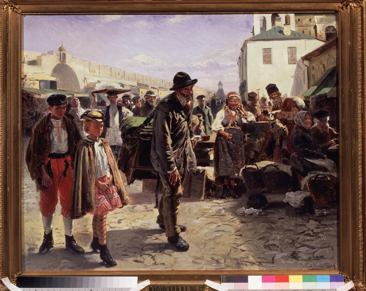 O realejo (The Organ Grinder). O músico itinerante segura seu instrumento nas costas, acompanhado por duas crianças muito elegantes, chegam ao mercado de uma cidade onde os mercadores os observam. Pintura de Vladimir Yegorovi de Vladimir Egorovic Makovsky