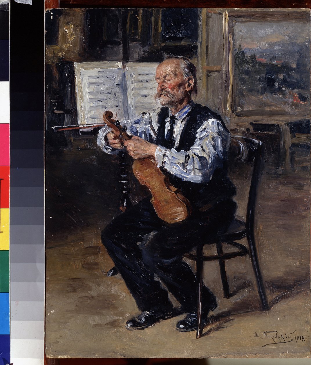 Luthier (Luthier). O artesão afina um violino. Pintura de Vladimir Yegorovich Makovsky (Makovsky, Makovskij) (1846-1920), óleo sobre tela de Vladimir Egorovic Makovsky