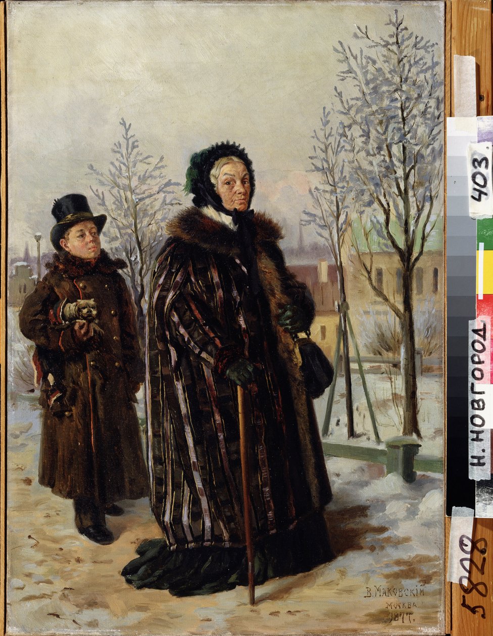 Um passeio de Velha Senhora. Caminhando pelo caminho de um parque nevado, ela é seguida por um jovem que carrega o seu pequeno cão. Pintura de Vladimir Yegorovich Makovski (Makovsky, Makovskij) (1846-1920), óleo sobre tela de Vladimir Egorovic Makovsky