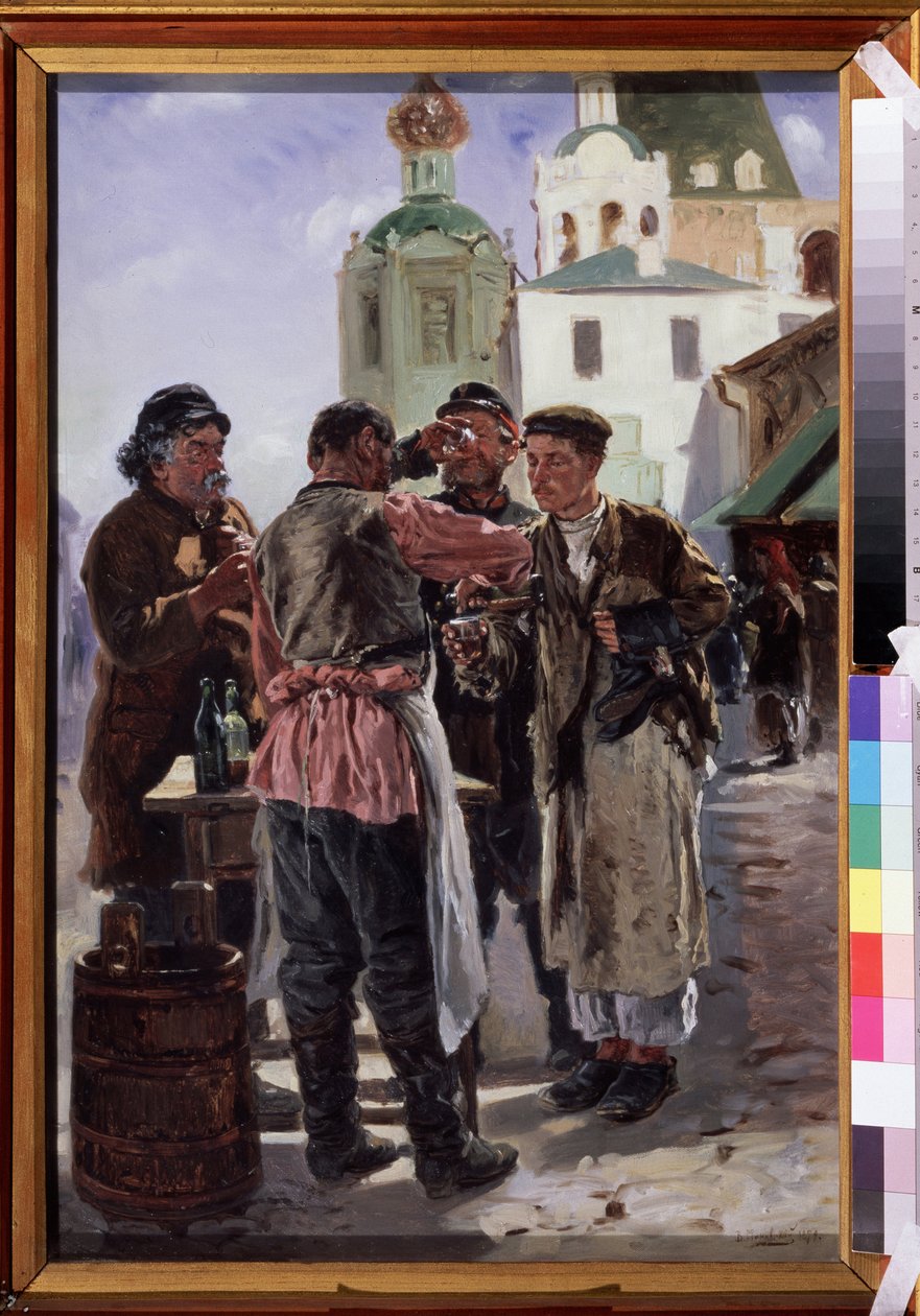 Vendedor de Kvass (Kwass) (vendedor de Kvas). Bebida fermentada e espumante, levemente alcoólica e popular, apelidada de cerveja de pão, bebida nacional russa. Pintura de Vladimir Yegorovich Makovsky (Makovsky, Makovskij) (1846-1920), óleo sobre tela de Vladimir Egorovic Makovsky