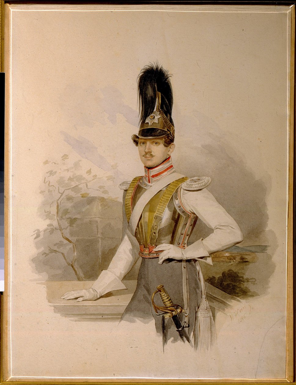 Retrato do Conde Valentin Grigoryevich Stroganov (1801-1833) (retrato do Conde V.G.Stroganov). de Vladimir Ivanovich Hau (Gau) (1816-1895), aguarela sobre papel, antes de 1832 Arte russa de Vladimir Ivanovich Hau