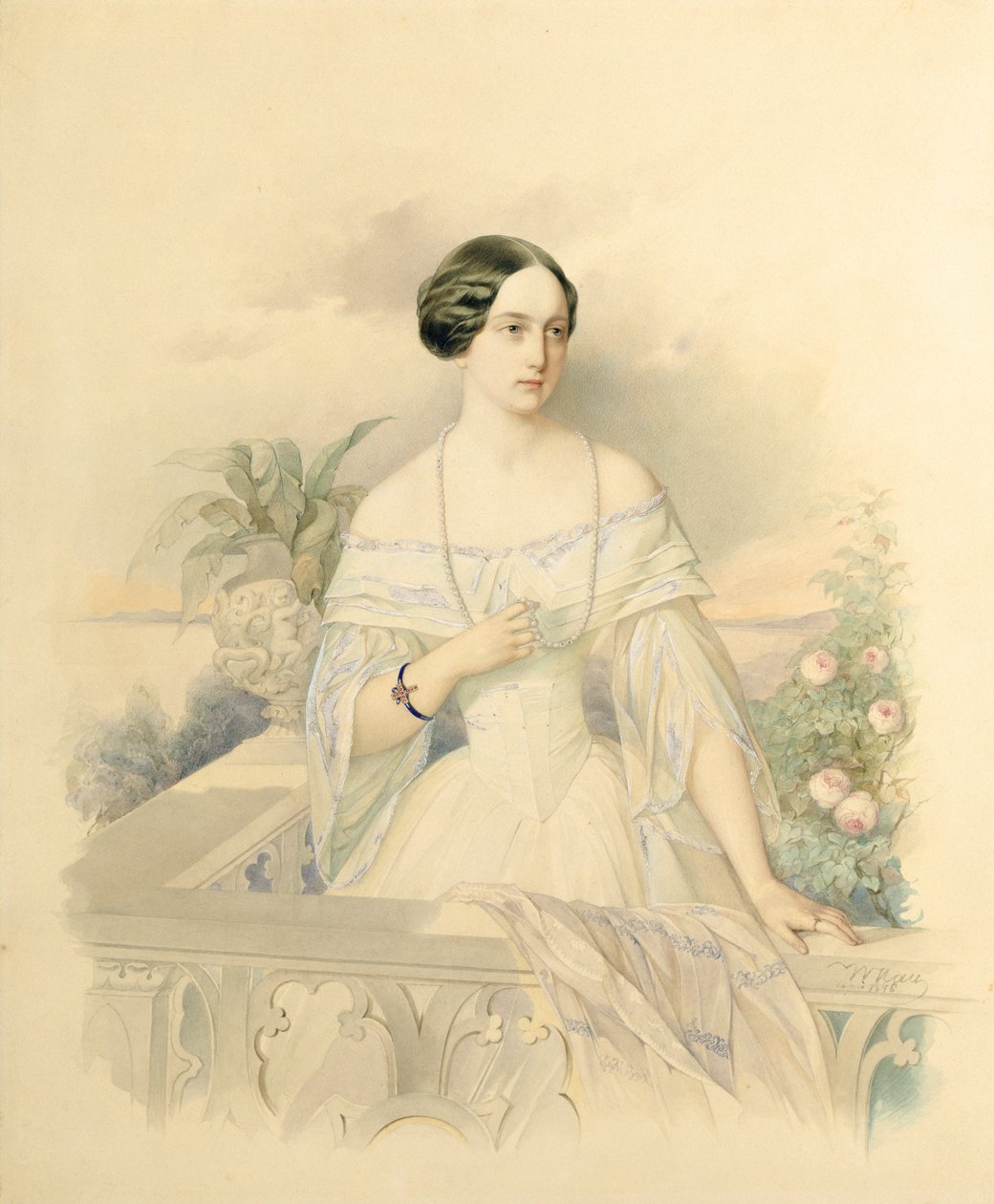 Retrato da grã-duquesa Olga Nikolaevna, 1846 (wc no cartão) de Vladimir Ivanovich Hau
