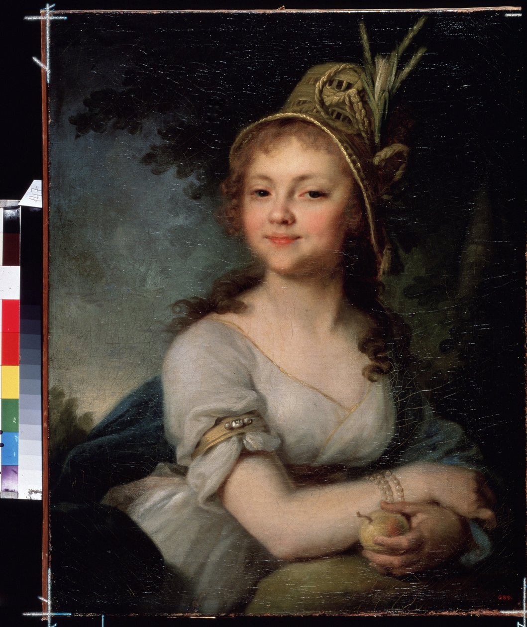 Retrato de Ekaterina Arsenyeva. Tem um chapéu e pulseiras e está a segurar um fruto (Retrato de Ekaterina Arsenyeva). Pintura de Vladimir Lukich Borovikovsky (ou Borovikovski) (1757-1825). Óleo sobre tela, ca. 1790, 71,5 x 56,5 cm, arte russa, clássica de Vladimir Lukich Borovikovsky