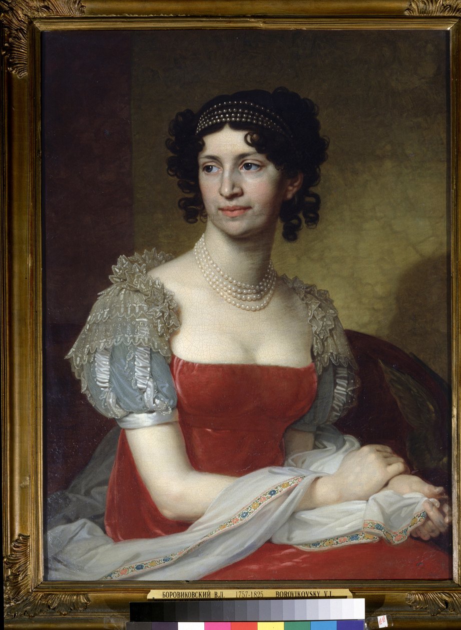 "Retrato da Princesa Margarita Dolgorukaya (1785-1814) Ela está a usar um colar e um diadema de pérolas. Pintura de Vladimir Lukich Borovikovsky (ou Borovikovski) (1757-1825) 1785 Galeria Estadual Tretyakov, Moscovo de Vladimir Lukich Borovikovsky