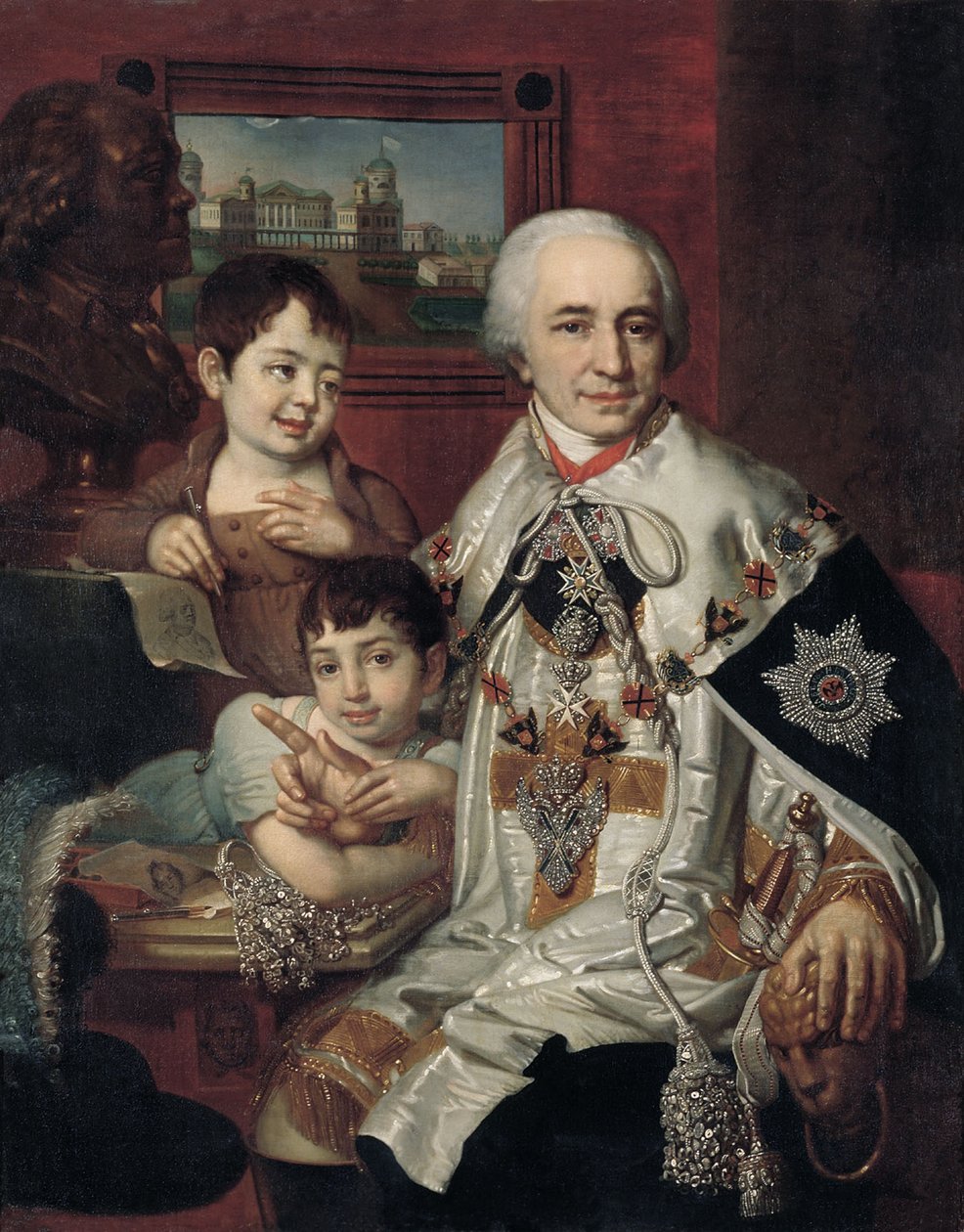 Retrato do Almirante Conde Grigory Grigoryevich Kushelev 1754-1833 com crianças, 1801 de Vladimir Lukich Borovikovsky