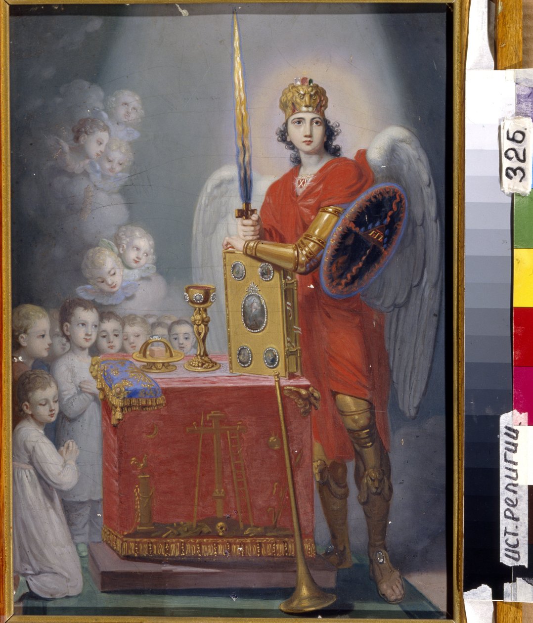 As Crianças do Imperador Paulo I (1754-1801) diante do altar, protegidas pelo Arcanjo Miguel - Peinture de Vladimir Lukich Borovikovsky (1757-1825), - Óleo sobre tela - Museu Estadual de História Religiosa, São Petersburgo de Vladimir Lukich Borovikovsky