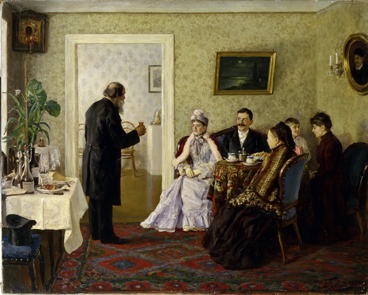 Recém-casados de visita ao sogro. (Recém-casados de visita ao sogro). Pintura de Vladimir Nikolayevich Pchelin (1869-1941), óleo sobre tela de Vladimir Nikolayevich Pchelin