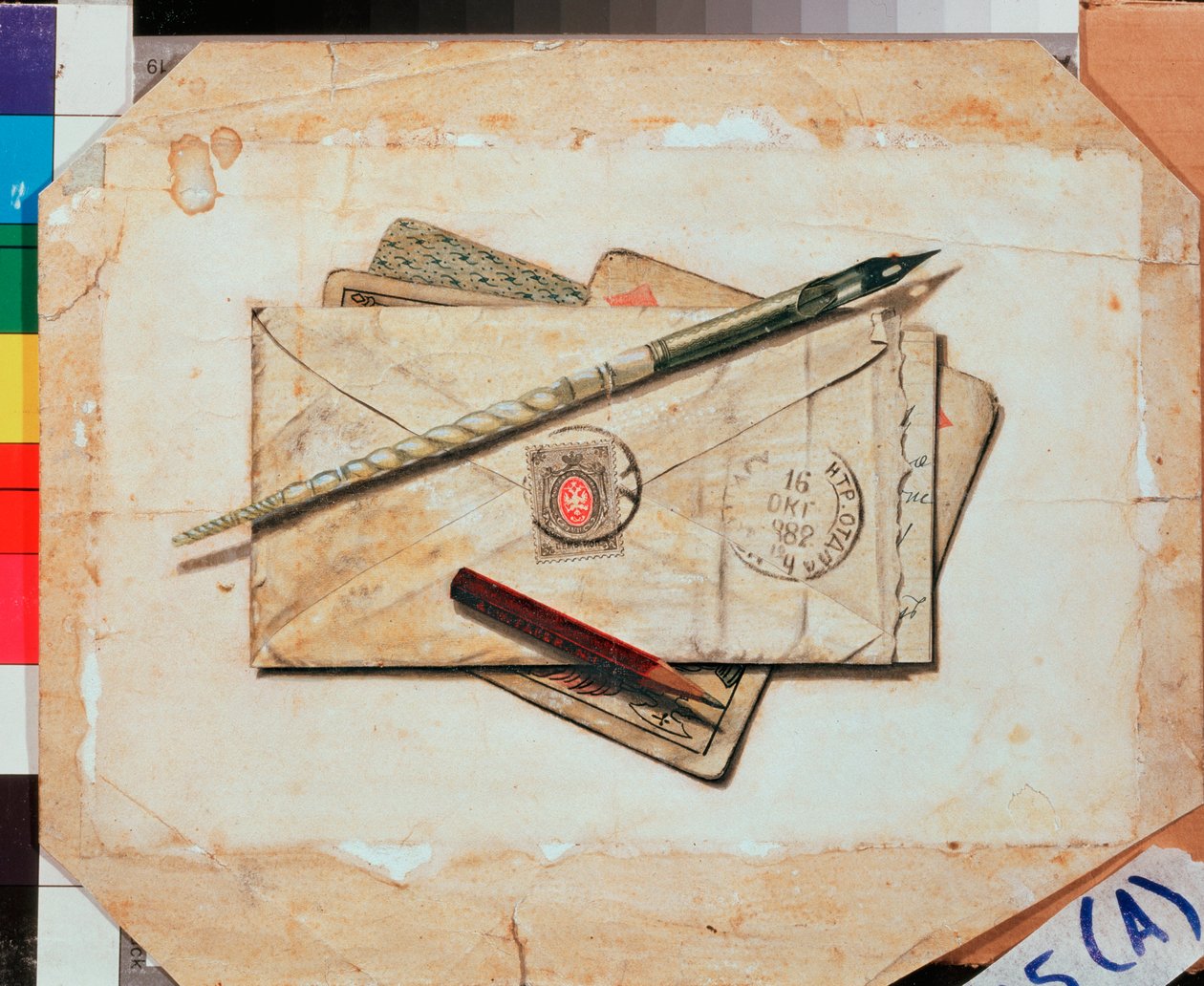 Uma carta e cartas de jogo. Natureza morta. Trabalho de Vladimir Pavlovich Sokolov (1860-1913), aguarela sobre papel. Arte russa de Vladimir Pavlovich Sokolov