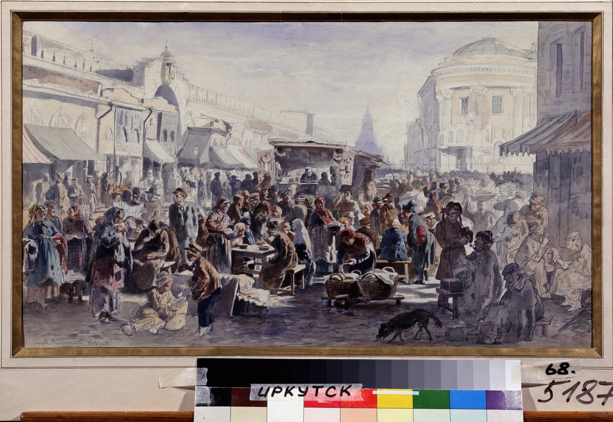 O mercado de pulgas em Moscou (Rússia) (o mercado de segunda mão em Moscou). Cena de rua, com personagens em roupas manchadas e remendadas, alguns estão comendo em mesas em frente a um quartel, outros estão olhando as mercadorias em oferta, ainda outros es de Vladimir Yegorovich Makovski
