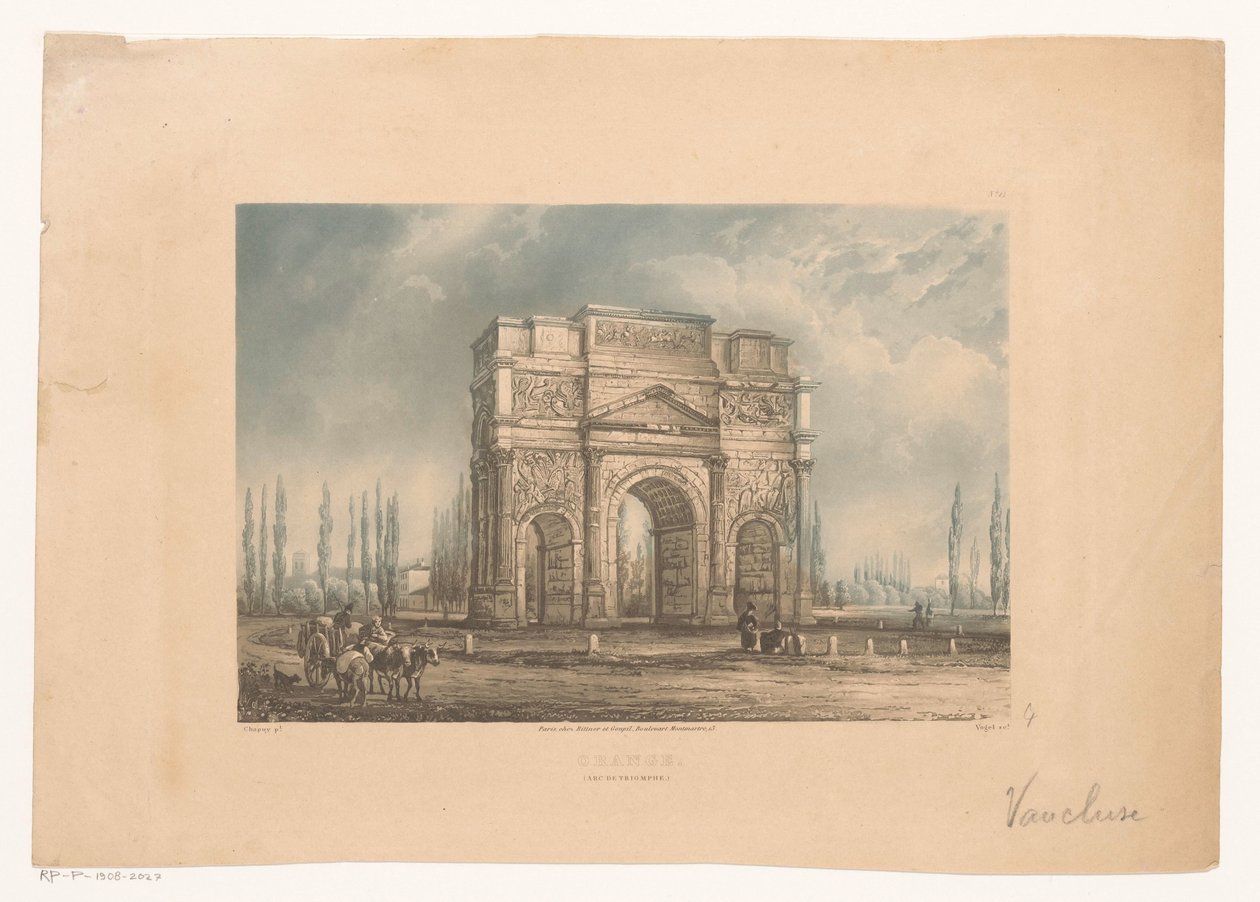 Paisagem mostrando o arco triunfal de Orange com viajantes
Laranja. (Arco de Triunfo) (título sobre o objecto) de Vogel (prentmaker)