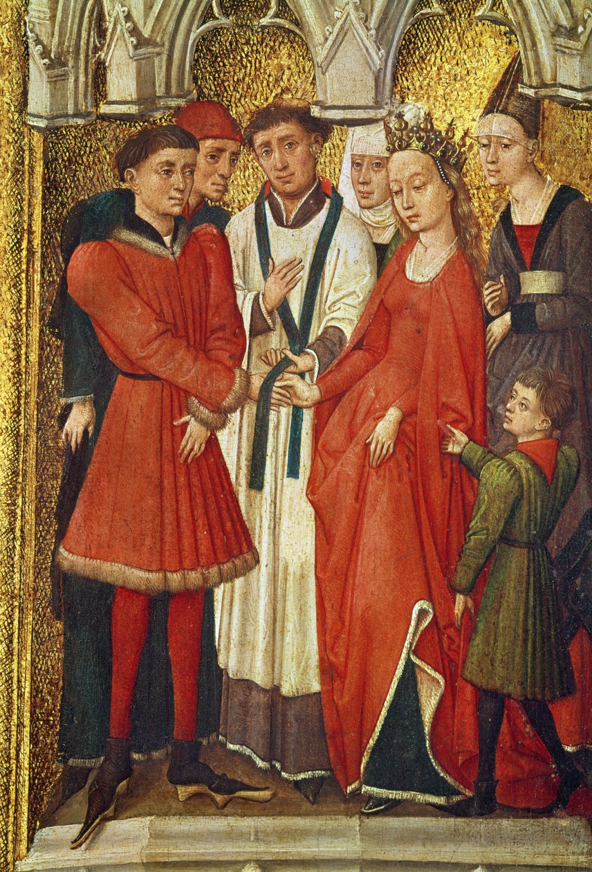 Tríptico de Redenção: Sacramento do Casamento, a partir da série de pequenas imagens que retratam os sacramentos em torno da imagem central da Crucificação, c.1460 de Vrancke van der Stockt