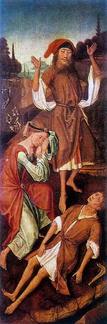 Adão e Eva Chorando pelo Corpo de Capazes, c1440-1495. de Vrancke van der Stockt