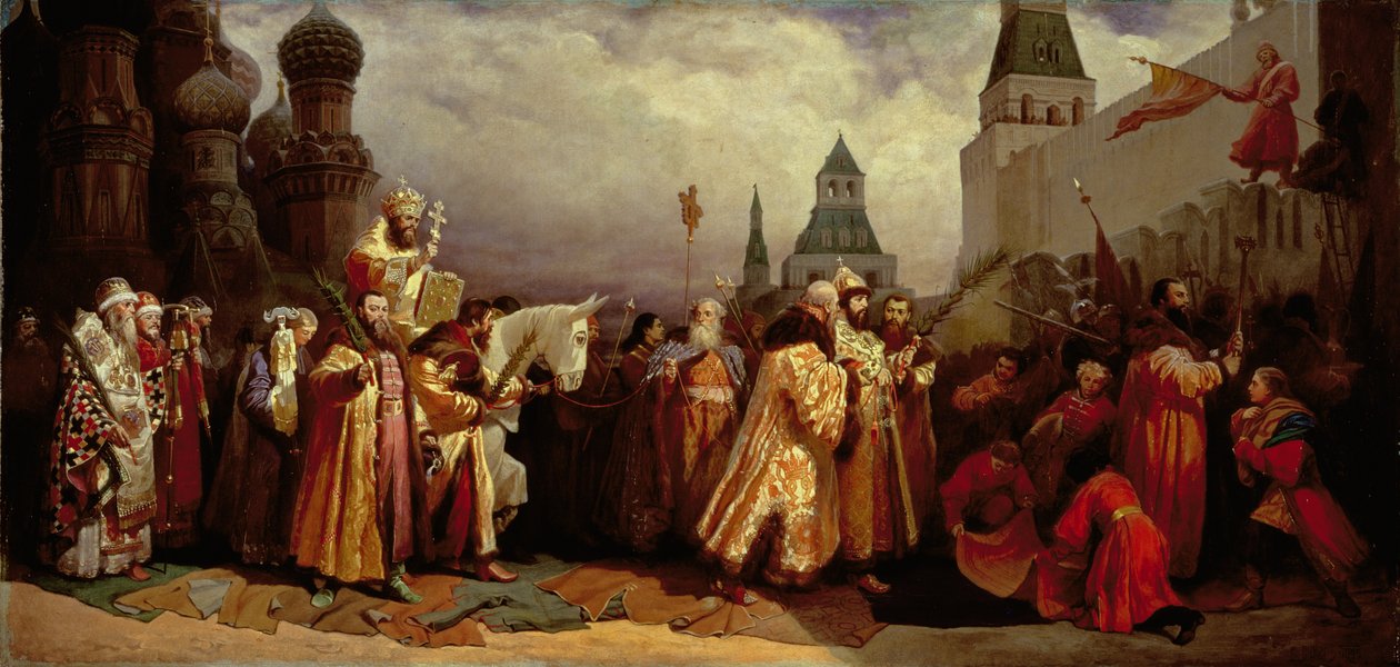 Domingo de Ramos em Moscou com o czar Alexei Mikhailovich (1629-76) em uma procissão patriarcal, 1865 de Vyacheslav Grigorievich Shvarts