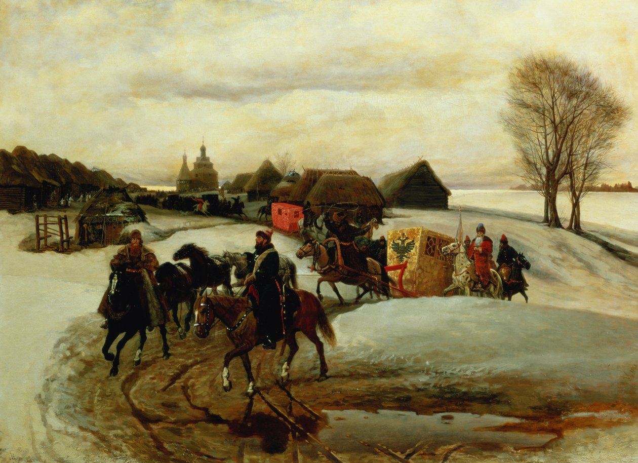 A peregrinação da primavera da czarina, sob o czar Aleksy Mihailovich, 1868 de Vyacheslav Grigorievich Shvarts