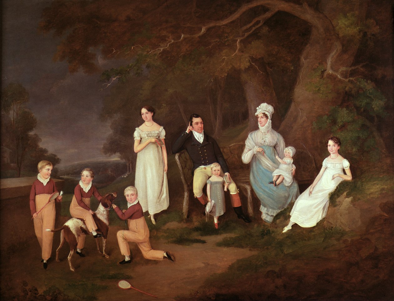 Retrato de grupo de um latifundiário, sua esposa e filhos à beira da nova floresta, 1817 de W. Allison