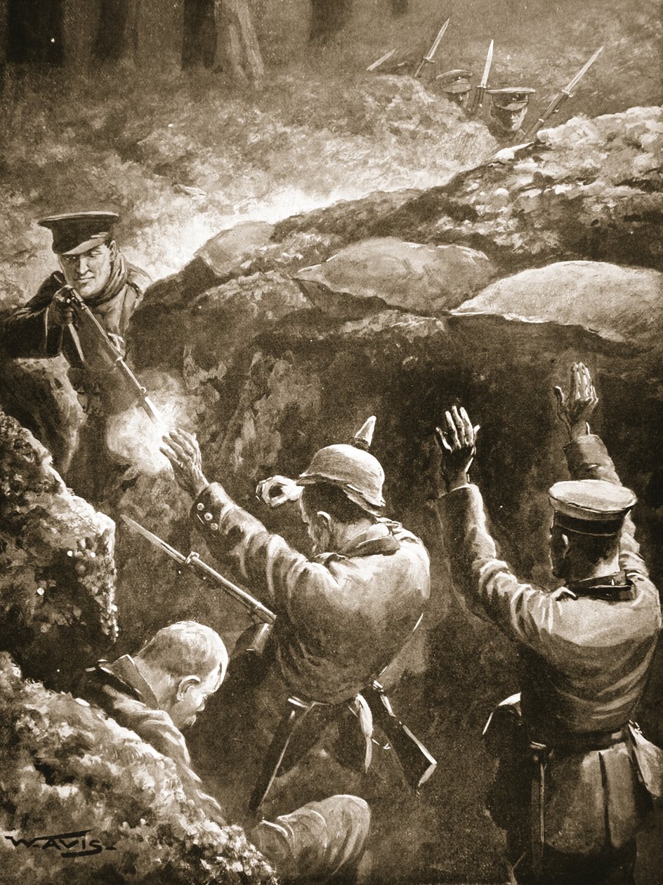Sargento Coxon atira dois de um grupo de três alemães que o atacaram durante um ataque em suas trincheiras de W. Avis