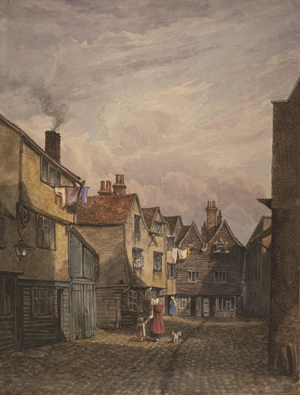Vista, de, um, mulher criança, andar, corte coroa, bermondsey, c.1825 de W. Barker