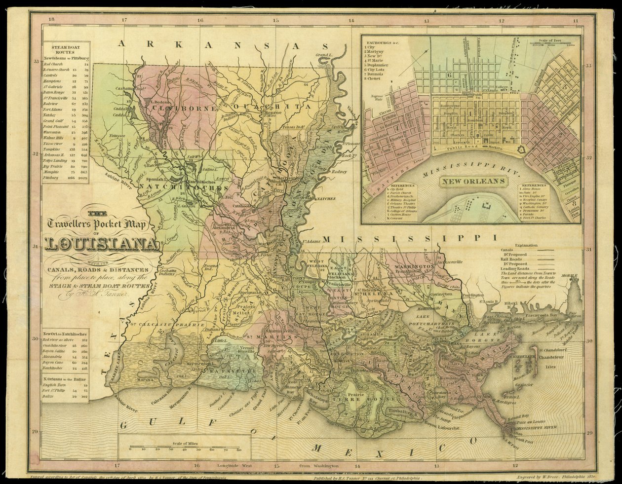 O mapa de bolso de viajantes da Louisiana, publicado em 1830 de W. Brose