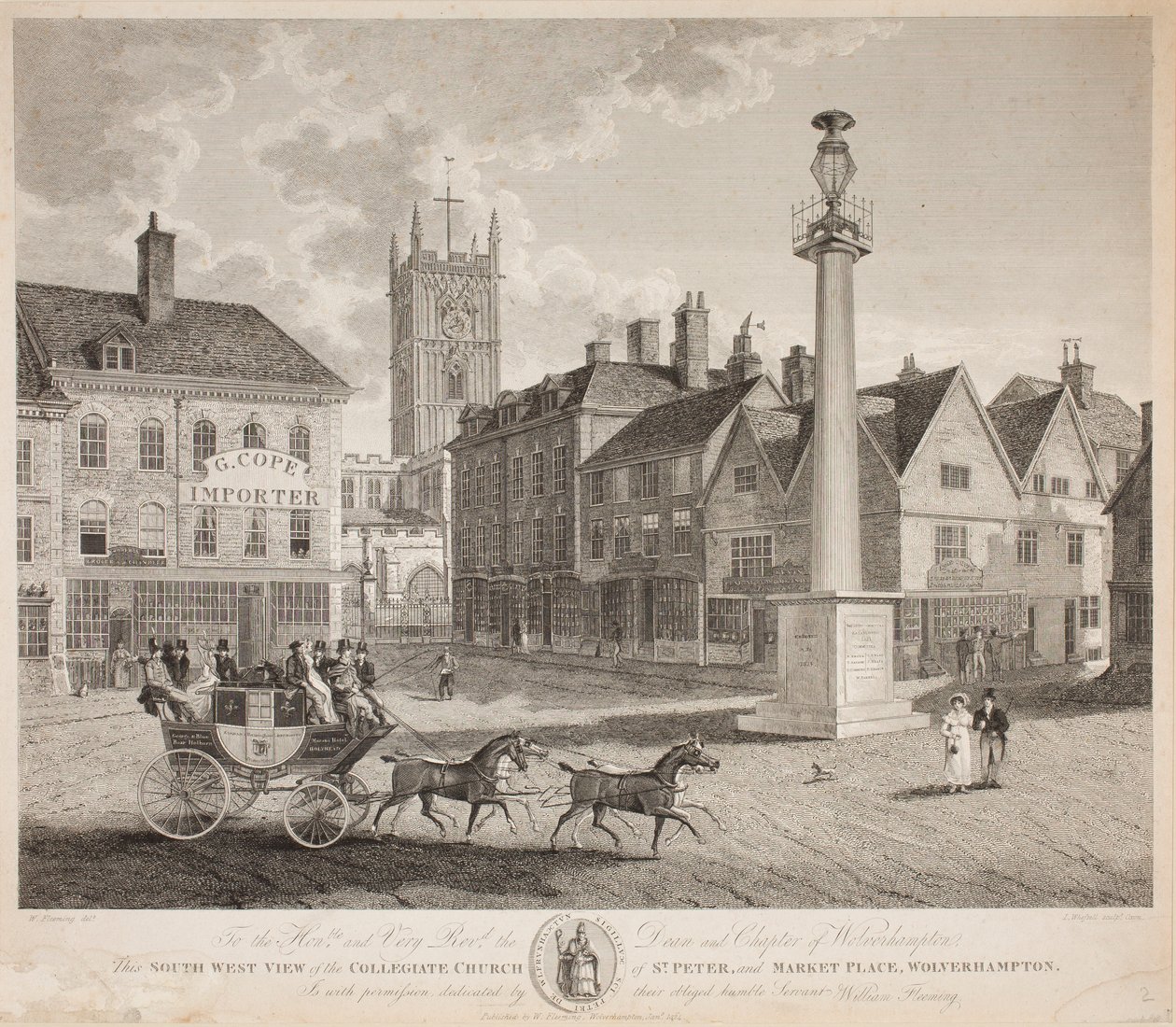 A, sul, oeste, vista, de, a, Colegiate, igreja, de, st. Peter, e, lugar mercado, wolverhampton, 1824 de W. Fleeming
