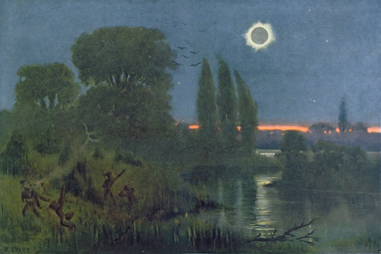 Eclipse total do sol, ilustração de &39;L&39;Univers et l&39;Humanite&39; de H. Kraemer de W. Kranz